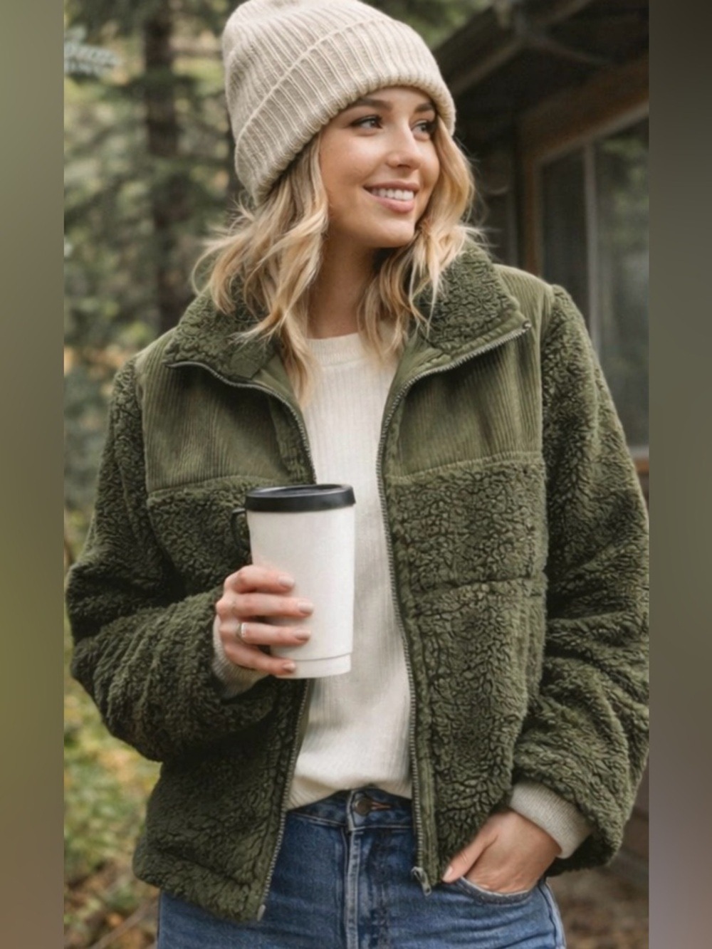 Love Tree Olive Sherpa Jacket Corduroy Trim Cozy Zip L